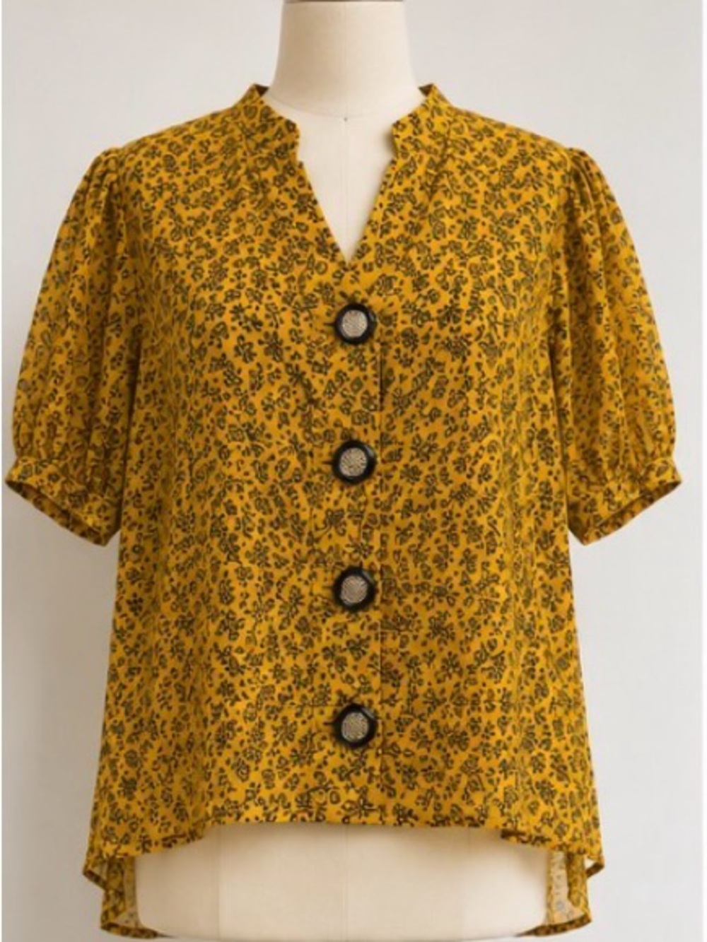 Vintage Mustard Yellow Floral High-Low Blouse | Sheer Kimono-Inspired Top